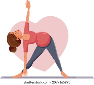 Pregnant Woman in Triangle Yoga Pose Vector Illustration. Mother to be in Trikonasana pose improving posture stretching and relaxing by exercising on the mat
