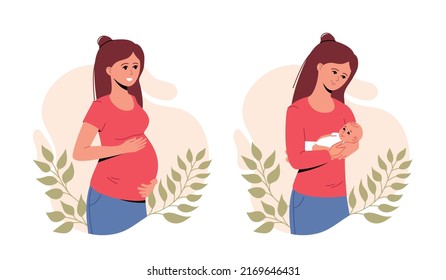 Pregnant woman with tummy on a background of leaves. Girl with a newborn baby on a natural background. Set of illustrations about pregnancy and motherhood. Flat vector illustration