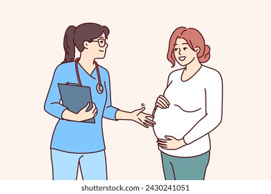 Pregnant woman turns to gynecologist for consultation and check health of unborn child. Pregnant girl preparing to become mother talks with gynecologist from clinic or maternity hospital