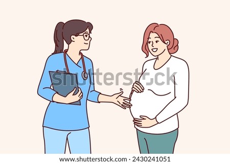 Pregnant woman turns to gynecologist for consultation and check health of unborn child. Pregnant girl preparing to become mother talks with gynecologist from clinic or maternity hospital