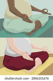 Pregnant woman in two skin tones illustration. Young woman meditating in lotus pose. Pregnancy health concept. Vector illustration.