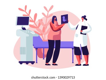 Pregnant Woman in Ultrasound Cabinet Watching Baby Picture. Female Character Doctor Show Fetus Image to Future Mother. Fertility, Childbirth, Family Relations. Cartoon Flat Vector Illustration