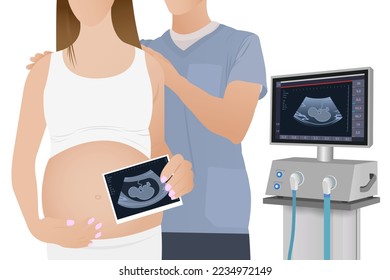 Pregnant woman with ultrasound of her baby. Happy mother-to-be holds the first photo of her unborn child in her hand