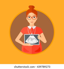 Pregnant woman with ultrasound image. Pregnant woman holding ultrasound scan on her belly. Pregnant woman showing ultrasound photo.Vector flat design illustration in the circle isolated on background.