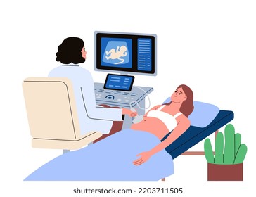 Pregnant woman is at the ultrasound screening. Doctor and client. Future mother and a doctor. Medical equipment. Pregnancy scan.  Flat vector illustration