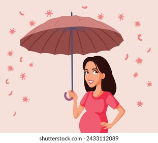 
Pregnant Woman with Umbrella Shielding herself from Viruses Vector Cartoon. Mother to be being cautious trying to prevent diseases 
