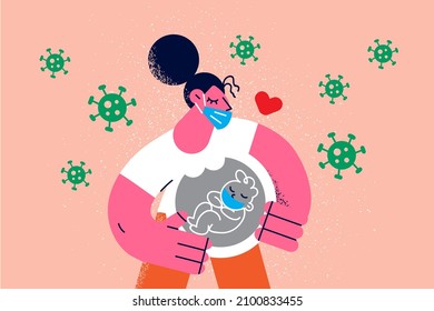 Pregnant woman and unborn baby kid in belly in facemask from covid-19 infection. Future mother and infant in abdomen care of corona virus pandemic wear facial mask. Flat vector illustration.