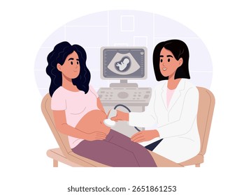 Gestante passa por triagem de gravidez em clínica médica. Diagnóstico pré-natal precoce, monitoramento da saúde fetal e cuidados maternos durante a gestação. Conceito de maternidade, gravidez e fertilidade