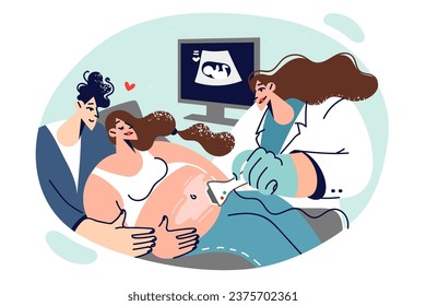 Pregnant woman undergoes ultrasound procedure in office of obstetrician, together with husband. Married couple being examined by obstetrician to avoid complications during childbirth