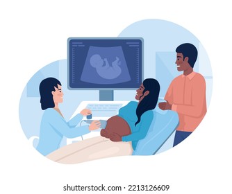 Pregnant woman undergoing ultrasound scan with partner 2D vector isolated illustration. Flat characters on cartoon background. Medical colourful editable scene for mobile, website, presentation