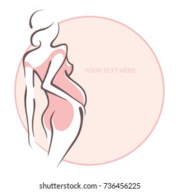 Pregnant woman in underwear. Bra, panties. Young girl - mother. Medical bulletin. Vector illustration, the form for the text. Flyer, banner, logo, poster for design