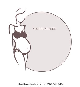Pregnant woman in underwear. Bra, panties. Young girl - mother. Medical bulletin. Vector illustration, the form for the text. Flyer, banner, logo, poster for design