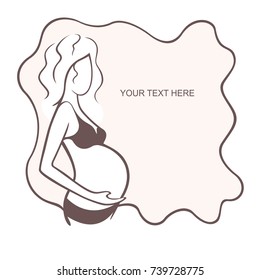 Pregnant woman in underwear. Bra, panties. Young girl - mother. Medical bulletin. Vector illustration, the form for the text. Flyer, banner, logo, poster for design