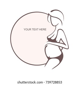 Pregnant woman in underwear. Bra, panties. Young girl - mother. Medical bulletin. Vector illustration, the form for the text. Flyer, banner, logo, poster for design