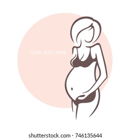 Pregnant woman in underwear. Bra, panties. Young girl - mother. Medical bulletin. Vector illustration, the form for the text. Flyer, banner, logo, poster for design