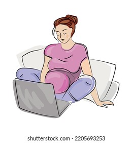 Pregnant woman using laptop at home vector isolated illustration.Beautiful young expectant mother Working with laptop from home