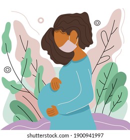 Pregnant woman using mask. african american curly hair female. isolated vector using nature element. 