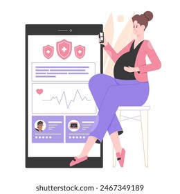 Schwangere Frau, die ein Smartphone benutzt. Fragt nach Gesundheitsberatung in einer mobilen Anwendung. Medizinische Artikel von Ärzten im Internet. Vektorgrafik flache Abbildung.