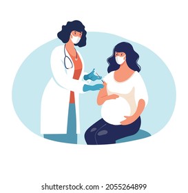A pregnant woman is vaccinated at a doctor s office, an appointment at a clinic, pregnancy health. Cartoon flat vector illustration isolated on white background.
