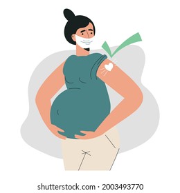 Pregnant woman vaccination or after vaccine concept. Injection in shoulder and green check. Pregnant getting vaccine shot. Woman in face mask showing arm with bandage. Flat vector illustration