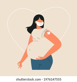 Pregnant woman vaccination Health love care concept. After vaccine injection in shoulder. Pregnant getting vaccine shot. Woman in face mask showing arm with bandage. Flat vector isolated illustration 