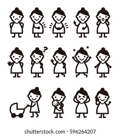 Pregnant woman with various poses and expression, icon illustration