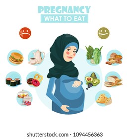 Pregnant woman. Vector colorful illustration with pregnancy concept. Healthy food