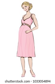 Pregnant woman, vector hand drawing. Colored cartoon portrait of a expectant girl with a big belly full-length, drawn happy future mother in a pink dress isolated on white background