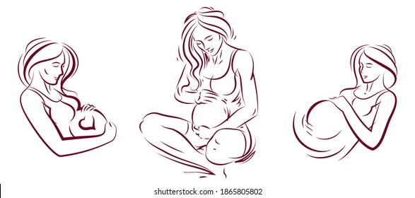 Pregnant woman vector hand drawn illustrations set isolated on white background, prenatal pregnancy baby shower theme, beautiful female motherhood new life.