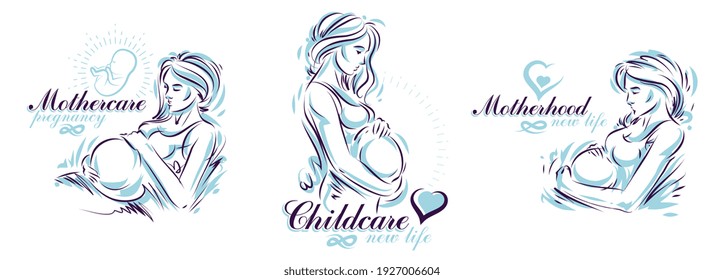 Pregnant woman vector hand drawn illustrations set isolated on white background, prenatal pregnancy baby shower theme, beautiful female motherhood new life.