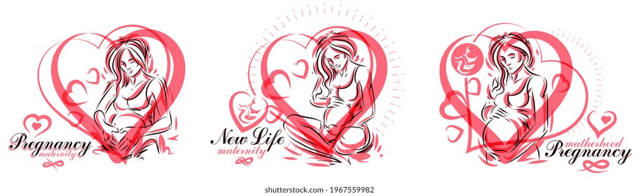 Pregnant woman vector hand drawn illustrations set isolated on white background, prenatal pregnancy baby shower theme, beautiful female motherhood new life.