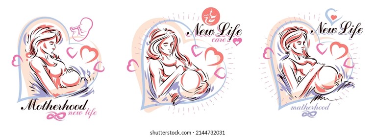 Pregnant woman vector hand drawn illustrations set isolated on white background, prenatal pregnancy baby shower theme, beautiful female motherhood new life.