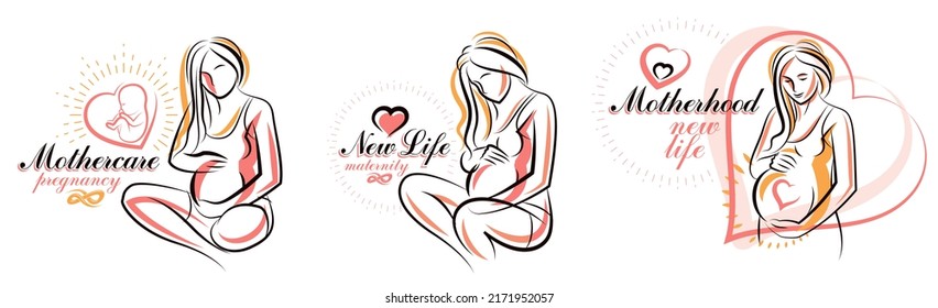 Pregnant woman vector hand drawn illustrations set isolated on white background, prenatal pregnancy baby shower theme, beautiful female motherhood new life.