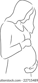 Pregnant woman, vector. Hand drawn sketch. A pregnant woman hugs her belly.