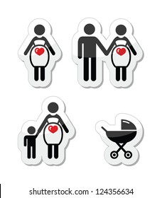 Pregnant woman vector icons set -Motherhood, pregnancy, family, single parenting concept