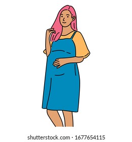 Pregnant woman vector illustration. Cute pregnant woman caressing her belly. Isolated on white background