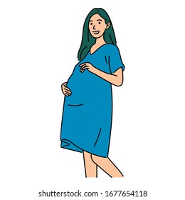 Pregnant woman vector illustration. Cute pregnant woman caressing her belly. Isolated on white background