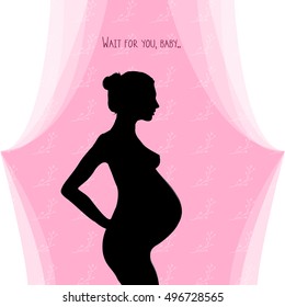 Pregnant woman. Vector illustration, eps10. Abstract pregnant woman staying at her child room. Pink wall with cute texture.