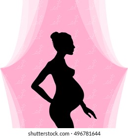 Pregnant woman. Vector illustration, eps10. Abstract future mother stay at her child room. Pink wall with cute texture.