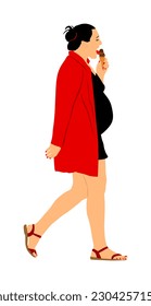 Pregnant woman vector illustration isolated on white. Pregnant girl walking eat ice cream. Elegant pregnant lady active life. Health care activity. Happy mother waiting baby to be born. Sweet desert