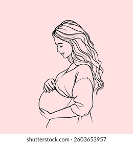 Pregnant woman vector line art illustration on pastel pink background