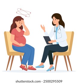 Pregnant woman with vertigo at a doctor's appointment.Anemia, dizziness.Woman and the doctor are talking in the office.Monitoring pregnancy and healthy.Vector illustration