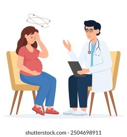 Pregnant woman with vertigo at a doctor's appointment.Anemia, dizziness.Woman and the doctor are talking in the office.Monitoring pregnancy and healthy.Vector illustration