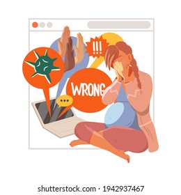 Pregnant Woman Victim of Cyberbullying Suffering from Violence and Hatred from Social Media Vector Illustration