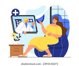 Pregnant woman video consultation. Woman in yellow dress with large belly. Reproduction and fertility. Gynekologist with patient. Cartoon flat vector illustration isolated on white background