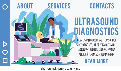 Pregnant woman visit to gynecologist for 3D ultrasound diagnosis of embryo in flat vector illustration isolated on white. Male doctor doing pregnancy screening. Gynecological clinic horizontal banner