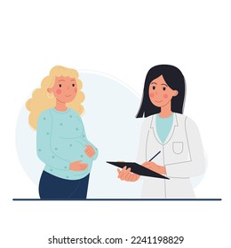 A pregnant woman at a visit to a gynecologist, a doctor. Vector