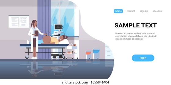 pregnant woman visiting african american doctor doing ultrasound fetus screening at digital monitor gynecology consultation concept hospital interior horizontal copy space