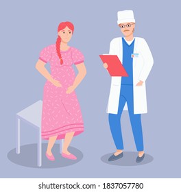 Pregnant woman visiting doctor in clinic, expectant mother talking with physician male character. Man medic dressed in a medical suit looking at a personal patient card, appoints examination