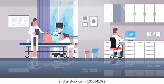 pregnant woman visiting doctor doing ultrasound fetus screening at digital monitor gynecology consultation concept modern hospital interior horizontal flat